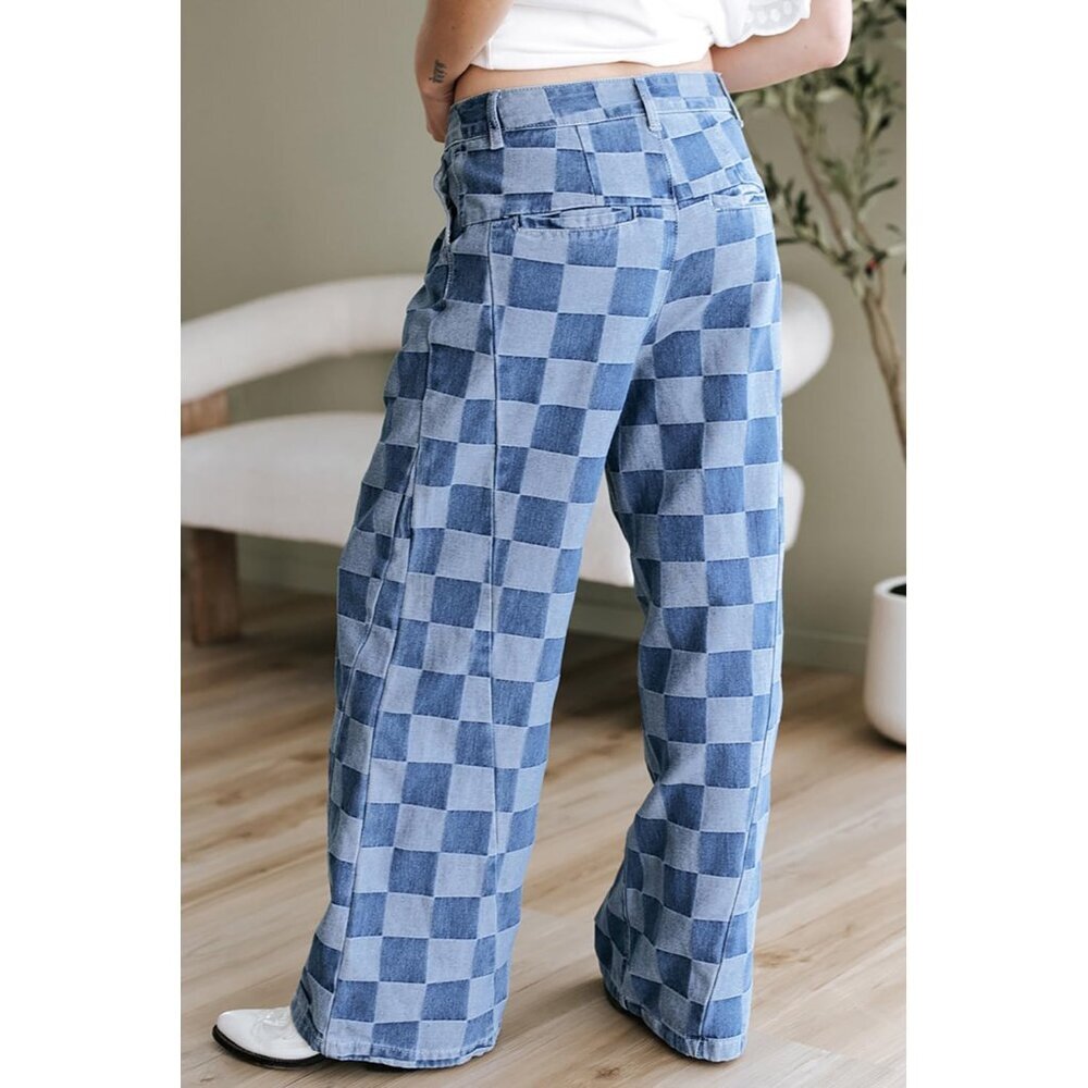 Womens Patterned Wide Leg Jeans High Waist Cotton Blend Casual Pants - Picture 3 of 8